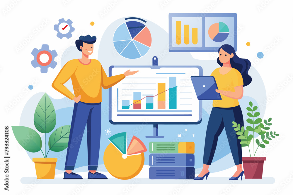 A man and a woman standing in front of a board, analyzing company financial data, two business people analyzing company financial data, Simple and minimalist flat Vector Illustration A man and a woman standing in front of a board, analyzing company financial data, two business people analyzing company financial data, Simple and minimalist flat Vector Illustration