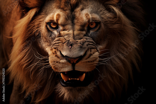 Close-up of a lions face  highlighted against a dark background