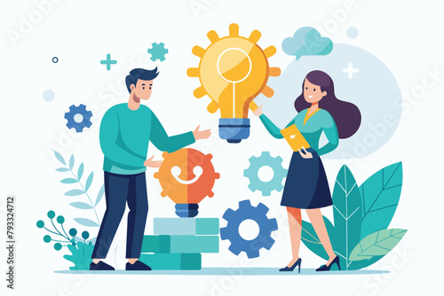 Business Man and Woman Standing by Light Bulb, two business people are looking for a solution to a business problem, Simple and minimalist flat Vector Illustration