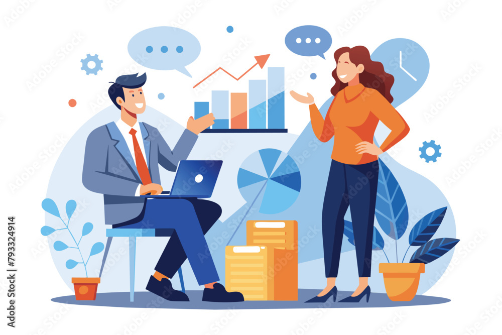 A man and a woman engaged in a conversation, discussing business matters, two business people communicating discussing business growth, Simple and minimalist flat Vector Illustration A man and a woman engaged in a conversation, discussing business matters, two business people communicating discussing business growth, Simple and minimalist flat Vector Illustration