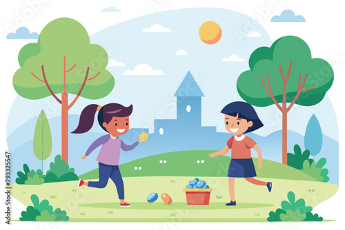 Two young children running and laughing while playing with a ball in a sunny park, Two children are playing in the park, Simple and minimalist flat Vector Illustration