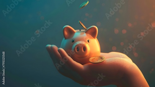 Savings for prosperity or financial success. Frugality, building wealth or thrifty, budgeting or cut spending to save money for future concept, money dollar coins drop into hand holding piggy bank.  photo