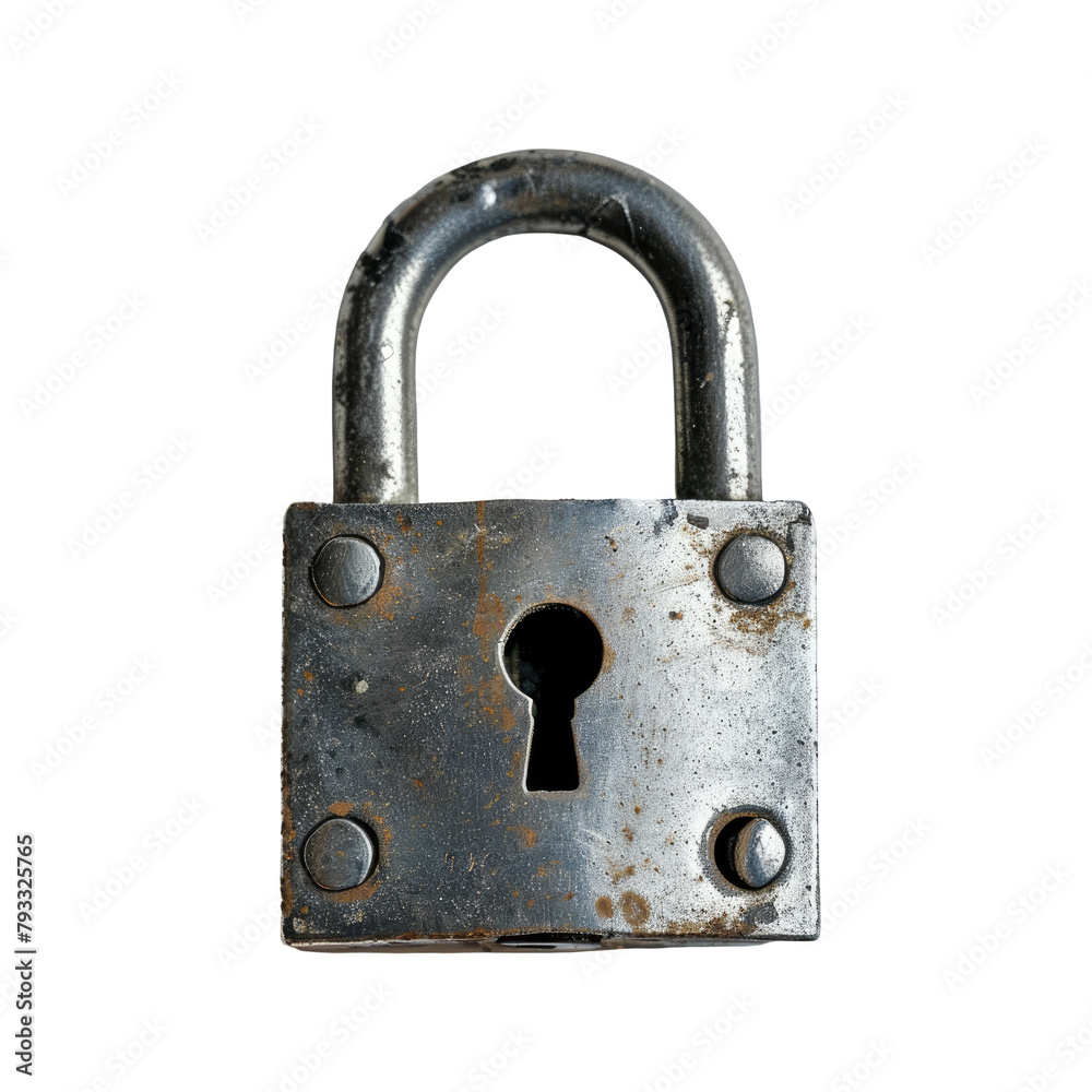 A gray metallic padlock set against a transparent background and isolated on transparent background stood out sharply A gray metallic padlock set against a transparent background and isolated on transparent background stood out sharply