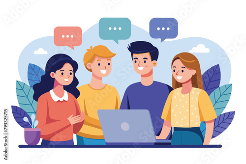 Two couples engaging in online conversation and collaboration while standing around a laptop, two couples chatting online in front of a laptop, Simple and minimalist flat Vector Illustration