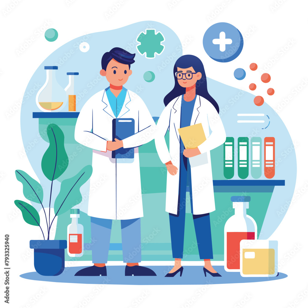 Two Doctors Presenting Medicine Formula, Two doctors standing in lab with medicine formula, Simple and minimalist flat Vector Illustration Two Doctors Presenting Medicine Formula, Two doctors standing in lab with medicine formula, Simple and minimalist flat Vector Illustration