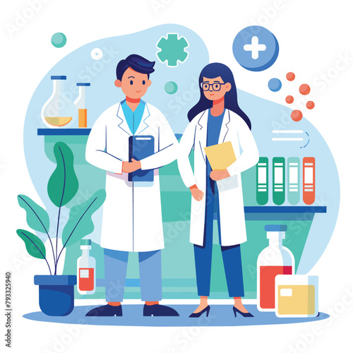 Two Doctors Presenting Medicine Formula  Two doctors standing in lab with medicine formula  Simple and minimalist flat Vector Illustration