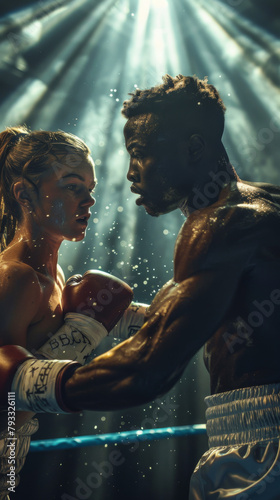 A male and female boxer in a dramatic face-off under bright lights with visible sweat.