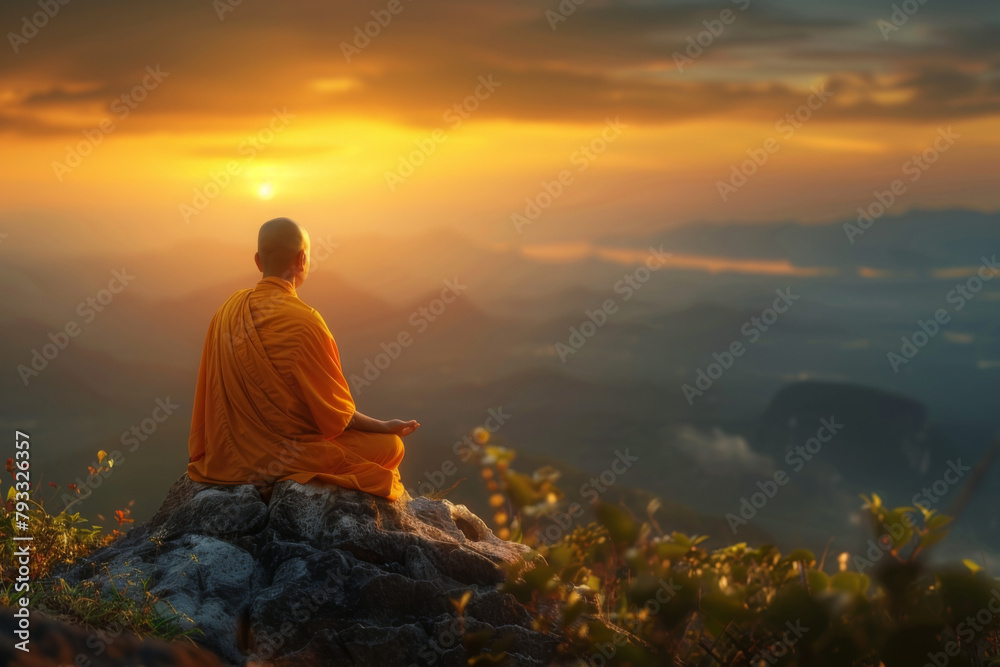 A Thai Buddhist monk sits on a hill in the lotus position and prays. Rear view of the monk. Early morning, sunrise. Picturesque nature