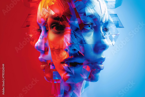 multiple versions of a woman's face, artistic illustration in red and blue © Christian Müller