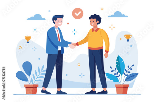 Two Men Shaking Hands in Front of a Plant, Two men are shaking hands on success in their business, Simple and minimalist flat Vector Illustration