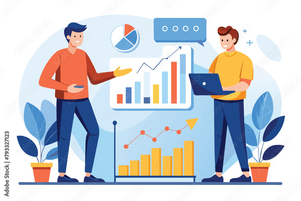 Two Men Analyzing Growth Chart, two men discussing, analyzing a graph of growth data, Simple and minimalist flat Vector Illustration Two Men Analyzing Growth Chart, two men discussing, analyzing a graph of growth data, Simple and minimalist flat Vector Illustration