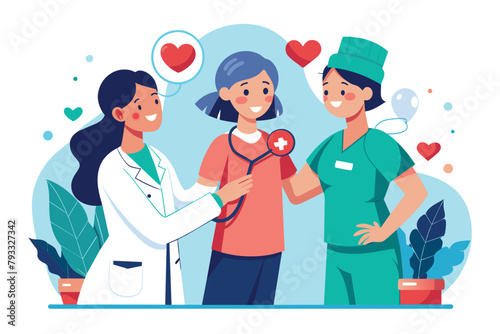 Healthcare professionals checking patients heart health with stethoscope, Two nurse doctor checks the patient heart health, Simple and minimalist flat Vector Illustration