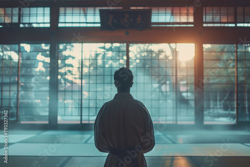 Martial arts instructor standing solemnly in a traditional dojo, backlit by a soft morning light filtering through the windows.