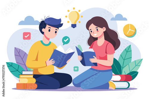 A man and a woman sitting on the ground, engrossed in reading books, two pairs learn together, Simple and minimalist flat Vector Illustration