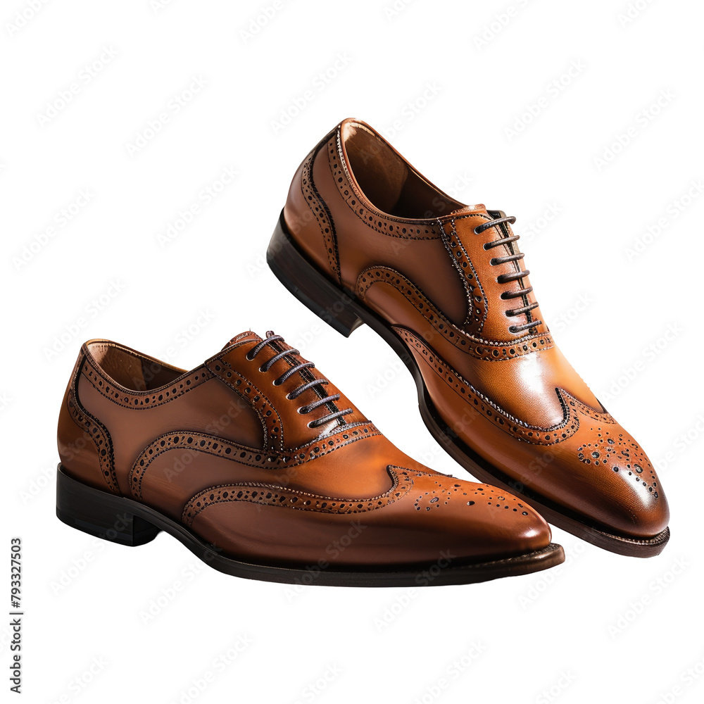 A pair of brown men s shoes displayed on a transparent background giving the product a standalone presentation