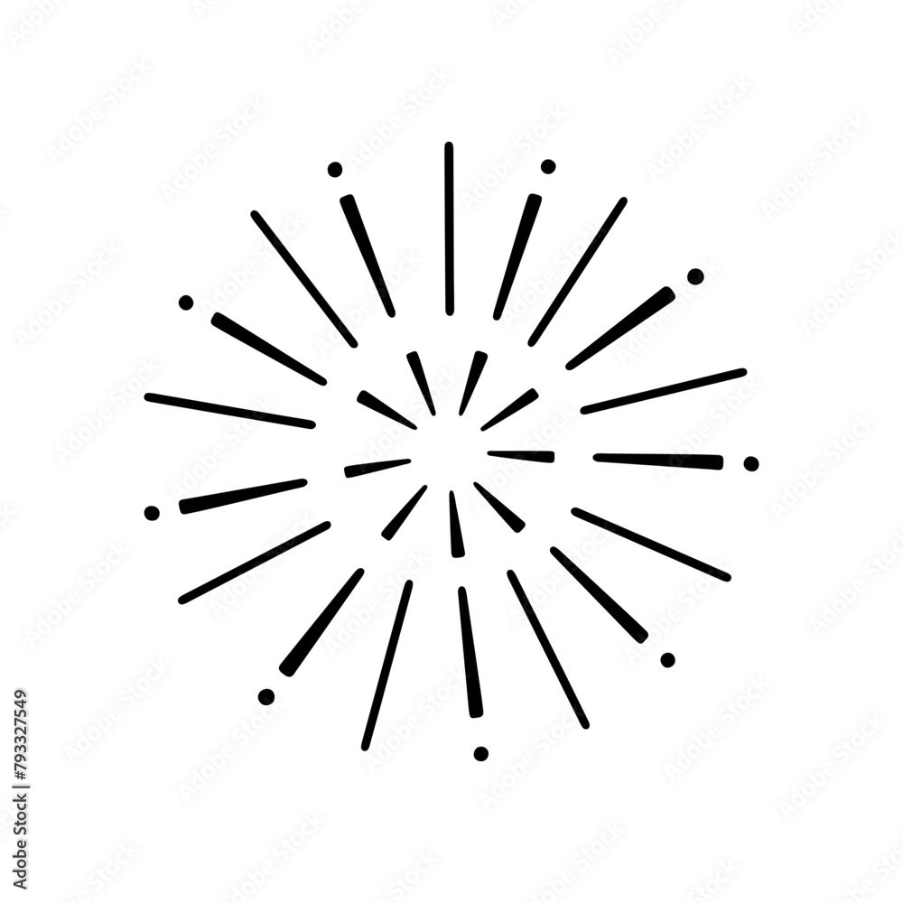 Obraz premium Fireworks, star burst doodle. Festive fireckrackers, sunburst explosion, Sparkles in sketch style. Hand drawn vector illustration isolated on white background