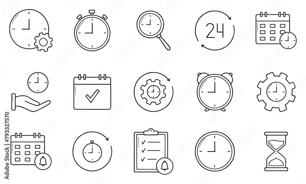 Time management and Clock doodle icons. Timer, hourglass, calendar, 24 hour clock, alarm, stopwatch in sketch style. Hand drawn vector illustration isolated on white background Time management and Clock doodle icons. Timer, hourglass, calendar, 24 hour clock, alarm, stopwatch in sketch style. Hand drawn vector illustration isolated on white background