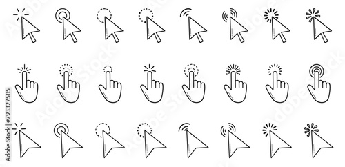 Finger click, computer pointer icon doodle set. Mouse cursor, digital arrow in sketch style. Hand drawn vector illustration isolated on white background
