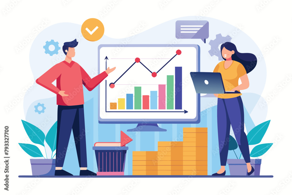 Two individuals standing in front of a large screen, analyzing stock growth charts, two people analyzing stock growth charts, Simple and minimalist flat Vector Illustration Two individuals standing in front of a large screen, analyzing stock growth charts, two people analyzing stock growth charts, Simple and minimalist flat Vector Illustration