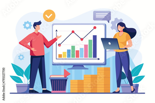 Two individuals standing in front of a large screen, analyzing stock growth charts, two people analyzing stock growth charts, Simple and minimalist flat Vector Illustration