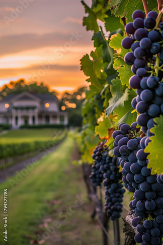 Bright ripe grape on a branch overlooking a sunset landscape with vineyards.