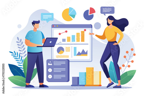 A man and a woman standing in front of a chart, discussing data and analysis, Two people are inputting data, Simple and minimalist flat Vector Illustration