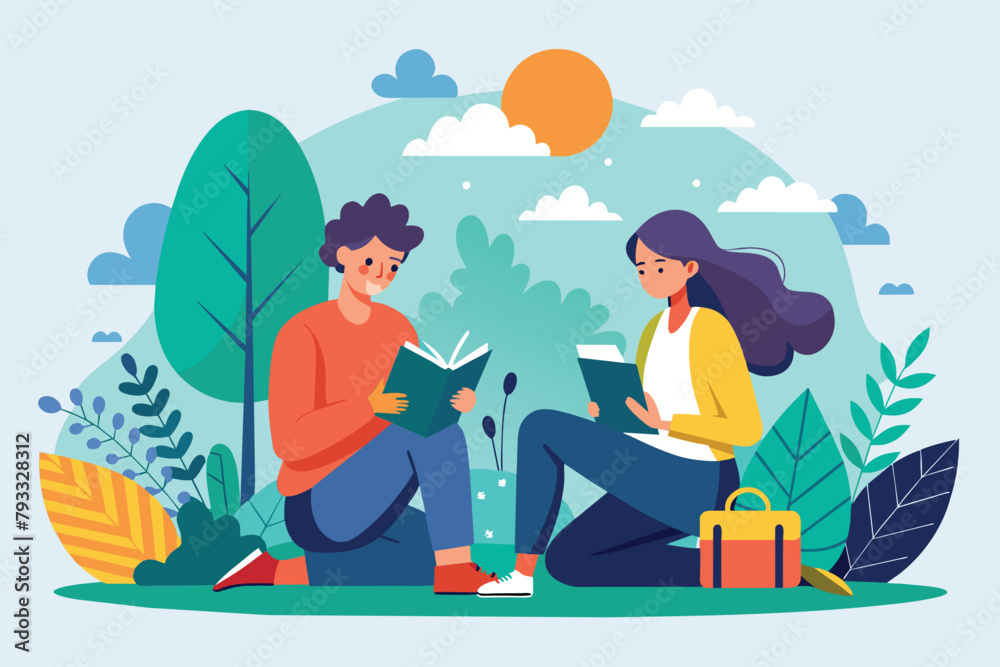 Two individuals are seated on the ground, engrossed in reading books outdoors, Two people are studying outdoors trending, Simple and minimalist flat Vector Illustration