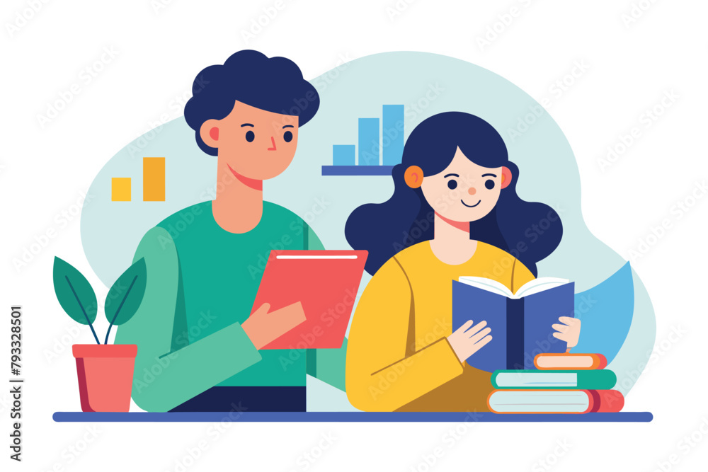A man and a woman are sitting together, engrossed in reading books, two people are studying, Simple and minimalist flat Vector Illustration A man and a woman are sitting together, engrossed in reading books, two people are studying, Simple and minimalist flat Vector Illustration