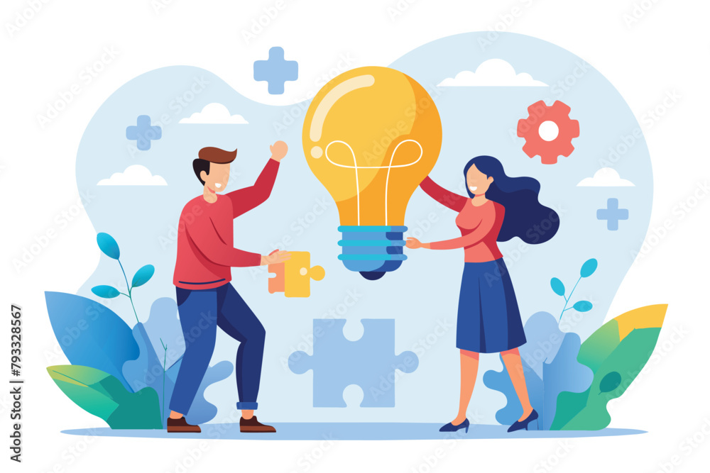 Obraz premium A man and a woman are holding a light bulb together, Two people connecting light bulb puzzle, finding ideas solving problems, Simple and minimalist flat Vector Illustration