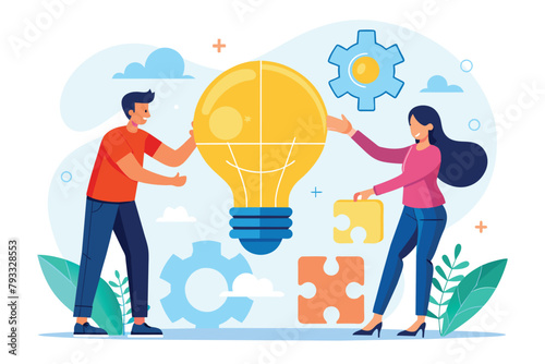 A man and a woman are connecting pieces of a light bulb puzzle together, Two people connecting light bulb puzzle, finding ideas solving problems, Simple and minimalist flat Vector Illustration