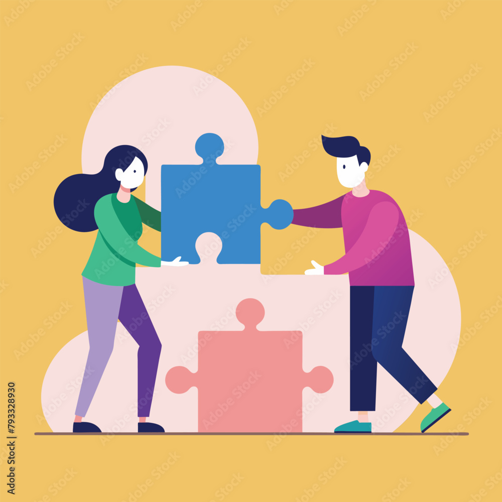 A couple of individuals are collaborating to fit puzzle pieces together, two people put puzzle pieces together, Simple and minimalist flat Vector Illustration