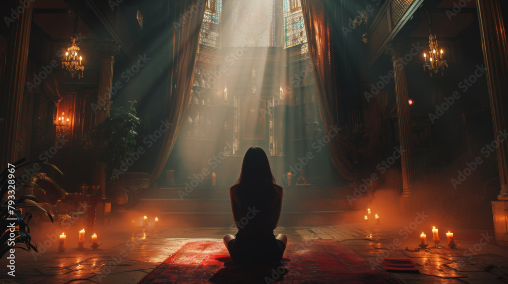 Person conducting a séance in a dim, candlelit room with dramatic lighting and a mystical atmosphere. Person conducting a séance in a dim, candlelit room with dramatic lighting and a mystical atmosphere.