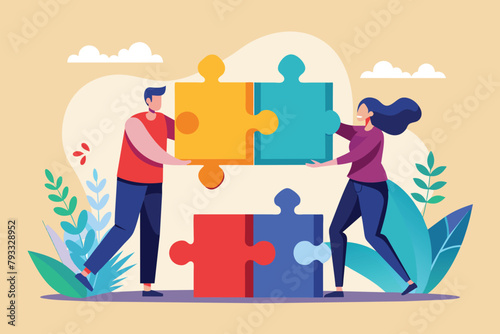 Two individuals connecting puzzle pieces together, two people put puzzle pieces together, Simple and minimalist flat Vector Illustration