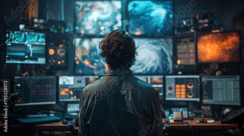 Person in control room monitoring weather patterns on multiple screens. photo