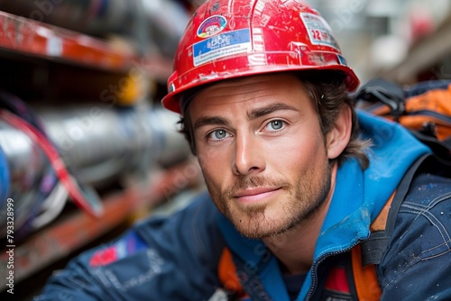 Man Wearing Red Hard Hat and Blue Jacket