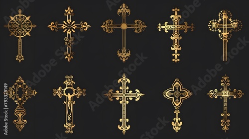 Religion gold cross icon set isolated on black background. Big Collection of Christian Symbol design. Decorated crosses signs or ornamented crosses symbols. illustration
 photo