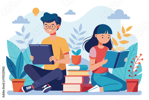 A man and a woman sitting on a stack of books, reading intently while using laptops, two people reading books and using laptops, Simple and minimalist flat Vector Illustration