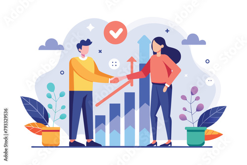Two individuals shaking hands while standing next to a graph bar representing growth data, Two people shaking hands and growth data, Simple and minimalist flat Vector Illustration