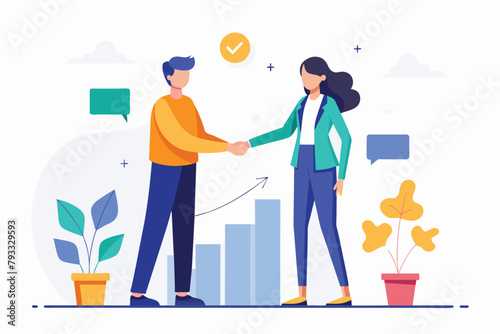 Two individuals engage in a handshake gesture with a city skyline in the background, Two people shaking hands on a diagram background, Simple and minimalist flat Vector Illustration