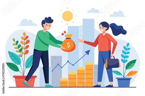 Two People Shaking Hands Over a Pile of Coins, Two people shaking hands with money bag and growth data, Simple and minimalist flat Vector Illustration