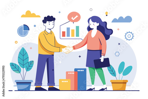 A man and a woman are shaking hands over a chart in a professional setting, Two people shaking hands with data analyst, Simple and minimalist flat Vector Illustration
