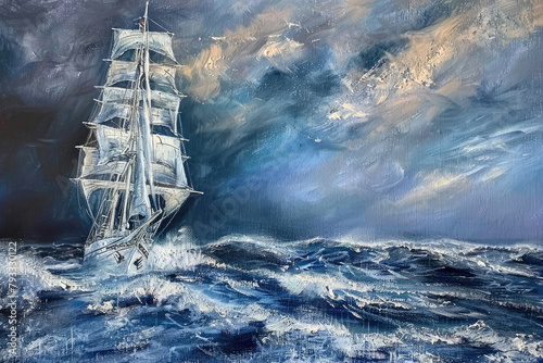 Majestic Spanish Galleon Braving the Turbulent Ocean Blues at Dusk © Boyan Dimitrov