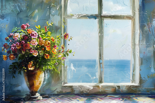 Radiant Blooms Adorning a Sunlit Renaissance Room Overlooking the Sea © Boyan Dimitrov