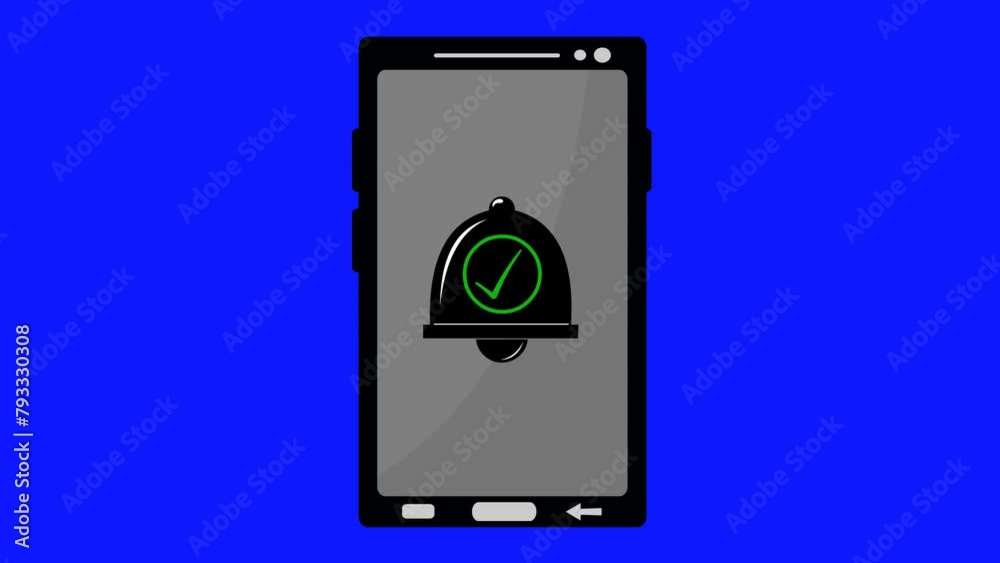 video animation mobile phone and bell icon with green checkmark, under alarm activated concept. On a blue chroma key background video animation mobile phone and bell icon with green checkmark, under alarm activated concept. On a blue chroma key background