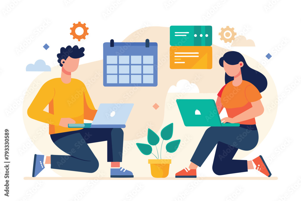 A man and woman sitting at a table, both engrossed in their laptops, possibly working or studying, Two people with laptops and calendars, Simple and minimalist flat Vector Illustration