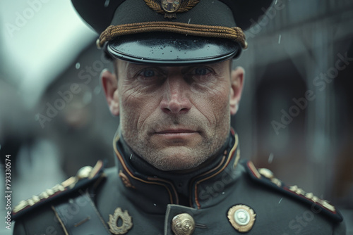 Cinematic close-up of a stern-faced military officer in uniform with raindrops on his face.
