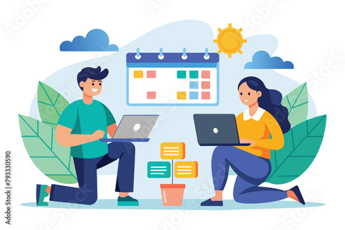A pair of individuals sitting on the ground while using laptops for work or study, Two people with laptops and calendars, Simple and minimalist flat Vector Illustration