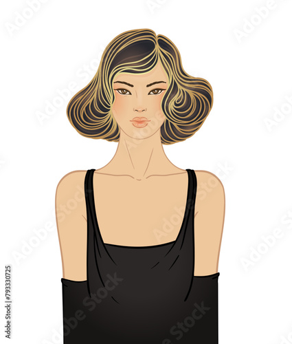 Retro fashion, glamour girl of twenties. Asian pretty woman. Vector illustration. Flapper 20s style. Vintage party invitation design template. Fancy asian lady.