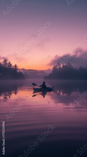 A lone kayaker paddles through a still lake at sunset. The sky is a vibrant mix of oranges, pinks, and purples, and the water is a deep, reflective blue. The only sound is the gentle lapping of the wa © Nawarit