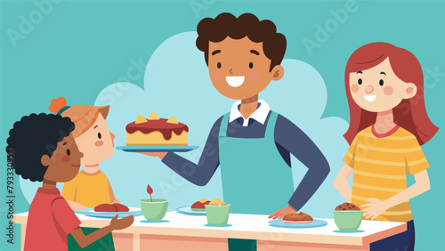 After careful preparation a young boy proudly serves his homemade lasagna to a table of guests at the first annual school cookoff.